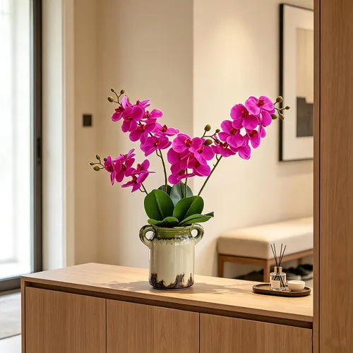 Vista 4 de 2 ramas, flores artificiales de faleanopsis moradas, tallos de orquídeas sintéticas, plantas para decoración del hogar, bonsái y jardín (rojo rosa)