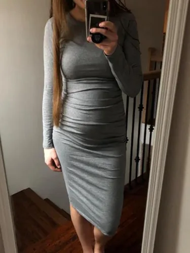 Vista 5 de Missufe - Vestido casual ajustado de manga larga para mujer, fruncido, vestido de verano, hasta la rodilla, ajustado, tipo bodycon