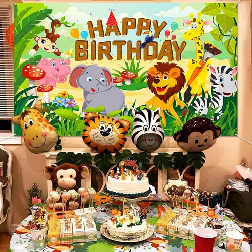Vista 7 de HOWAF Cartel de tela de feliz cumpleaños para decoración de fiestas temáticas de animales de la selva, decoración de fondo de pared para niños