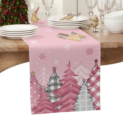 Vista 2 de Blush Pink Cotton Linen Small Table Runner 13 x 36 inch Non-Slip Rectangular Dining Table Decor for Wedding Party Holiday Dinner Christmas Pine Tree