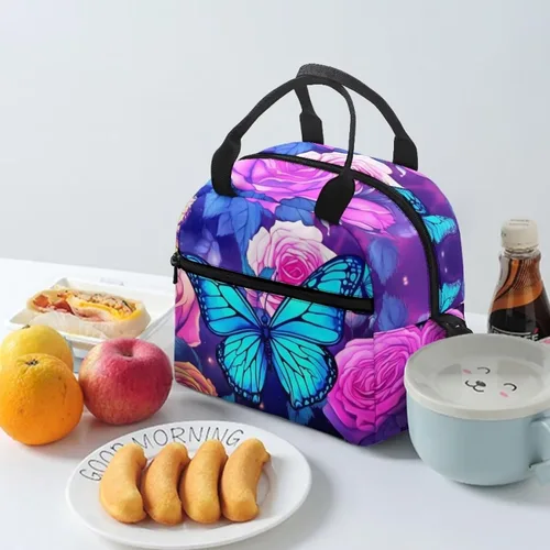 Vista 3 de Showudesigns Bolsas de almuerzo de flores de mariposa para mujer, lonchera aislada, bolsa de almuerzo reutilizable con correa ajustable