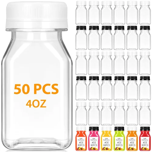 Vista 10 de Gerrii 75 botellas de plástico para jugo de 4 onzas con tapa, pequeñas botellas transparentes reutilizables con tapas, recipientes a granel, aptas