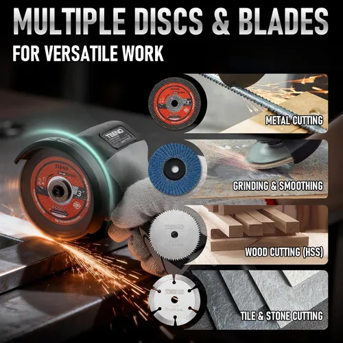 Vista 8 de TEENO Kit de amoladora angular inalámbrica, mini herramienta de amoladora de mano de 19,500 RPM con 2 baterías de 16.8 V 2000 mAh y 6 discos Gris