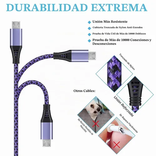 Vista 2 de Cable micro USB, [4 unidades/3 pies] USB Android macho a micro B cable de carga rápido Quick Charging Speed Data Wire Nylon Colored Braided