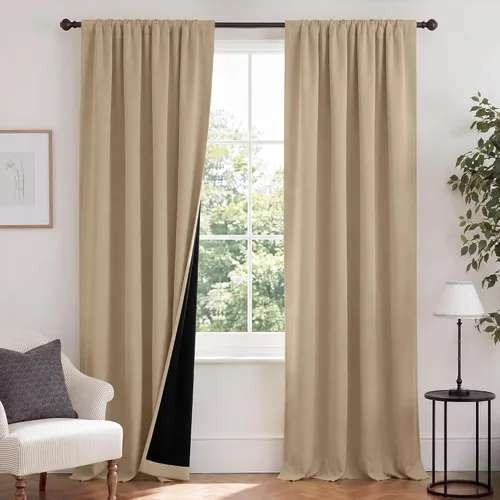 Vista 23 de NICETOWN Biscotti Beige 100% Cortinas opacas de 45" de largo para cocina, bolsillo con varilla para sótano completamente opaco, cortinas térmicas