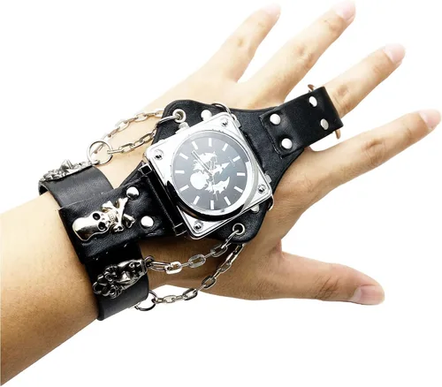Vista 2 de Reloj de moda Hip-Hop Punk Skull para hombres y mujeres, reloj de pulsera de cuero ancho negro, estilo fresco, cadenas y guante de locomotora
