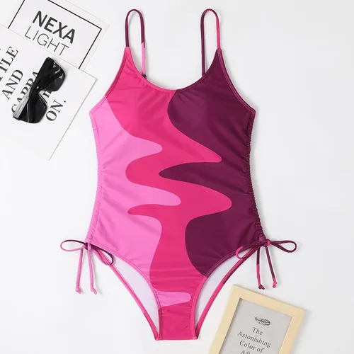 Vista 3 de Traje de baño de una pieza con cuello en V para mujer, estampado de leopardo, sin espalda, sin mangas, ropa de playa