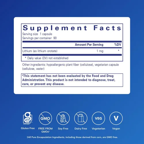 Vista 2 de Pure Encapsulations Litio (Orotato) 1 mg Apoyo para la calma y el comportamiento 90 Cápsulas
