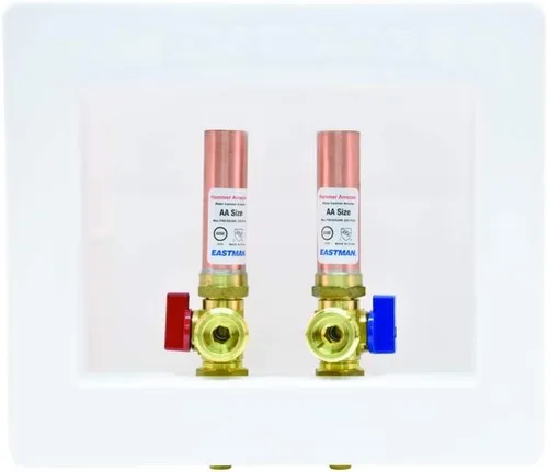 Vista 3 de Eastman Caja de salida de lavadora de doble drenaje con conexión PEX de 1/2 pulgada con pararrayos de martillo y válvulas de bola de cuarto