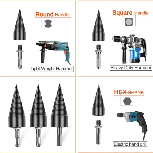 Vista 2 de Drill Bits Sets,Carving Tools,4pcs Firewood Log Splitter Wood Bit Heavy Duty Electric Drills Screw Cone Driver Removable 32mm + 3 Handles