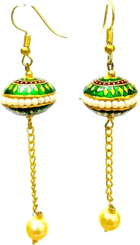 Vista 2 de DESI HAWKER Meenakari Minakari Pendientes hechos a mano Bali Jhumki Jhumka joyería gota colgante lámpara larga cadena NI-292