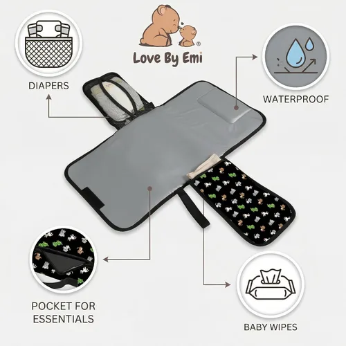 Vista 3 de Love By Emi Cambiador de pañales portátil, una estación de viaje impermeable y embrague plegable con bolsillos de almacenamiento, un artículo Negro