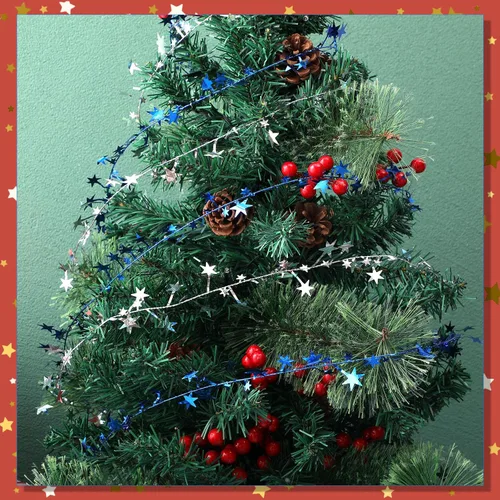 Vista 6 de Shappy Guirnalda de estrellas de 147.6 pies con alambre plateado y azul, guirnalda de oropel de Navidad para árbol metálico pequeño pequeño, 6