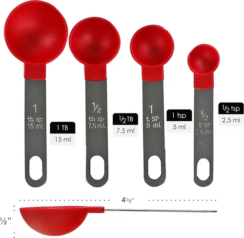 Vista 4 de Reston Lloyd 4 cucharas medidoras para ingredientes secos y líquidos, plástico de grado alimenticio con asas de acero inoxidable, color rojo