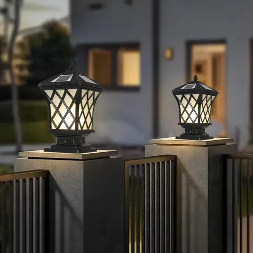 Vista 8 de Lámpara LED solar para poste con tapa de poste, luces de pilar regulables para exteriores, IP65, impermeable, luz de poste negra, luz de columna