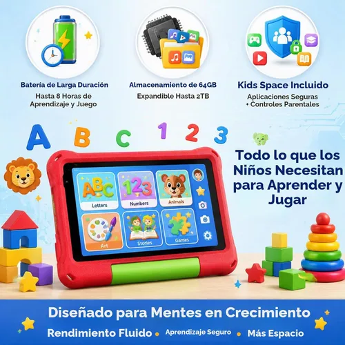 Vista 7 de Tableta para niños de 8 pulgadas, Android 15, Octa-Core 12 GB de RAM + 64 GB de ROM, tableta para niños pequeños con WiFi 6, control parental