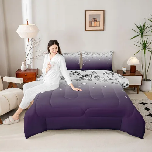 Vista 2 de Erosebridal Juego de edredón de color degradado morado, juego de ropa de cama de tamaño individual, moderno, abstracto, para adultos, mujeres