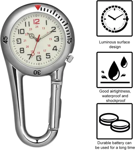 Vista 2 de Reloj de pulsera con clip, reloj de aleación con luz nocturna, ideal para médicos, enfermeras, escalada, montañismo (blanco)