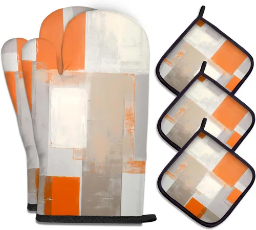 Vista 30 de MCALK Juego de 5 manoplas de horno y soportes para ollas, guantes abstractos para horno y almohadillas calientes para cocina de cocina, manoplas