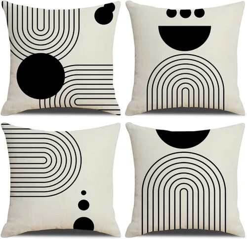 Vista 12 de IcosaMro Juego de 4 fundas de almohada bohemias de 18 x 18 pulgadas, color blanco y negro de mediados de siglo, diseño geométrico moderno de lino