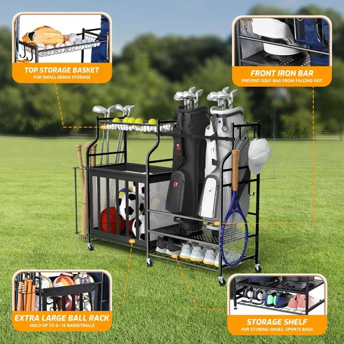 Vista 2 de PLKOW Organizador de Equipo Deportivo, Estante de Almacenamiento de Bolas para Garaje, Organizador para 2 Bolsas de Golf y Equipo Deportivo