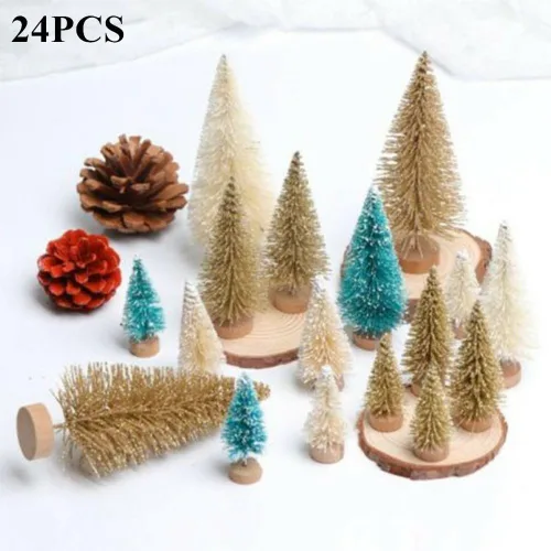 Vista 7 de 8 piezas de mini árbol de Navidad, árboles de Navidad en miniatura con base de madera, árboles de cepillo de botella dorados, árbol de Navidad