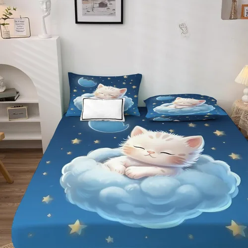 Vista 2 de Kitten Sheets K1-&-153 - Juego de sábanas y fundas de almohada de 3 piezas, tamaño individual, sábanas con diseño de nubes y estrellas, sábanas