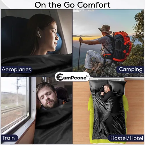 Vista 6 de Forro de saco de dormir sedoso para clima frío/cálido, sábanas de viaje XL para hotel de 85 x 52 pulgadas, saco de dormir ligero con cremallera