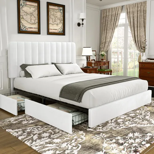 Vista 26 de VECELO Base de cama tapizada de tamaño matrimonial con 4 cajones y cabecero, plataforma de terciopelo, soporte de listones de madera, no necesita