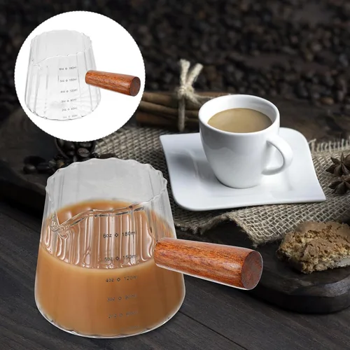Vista 4 de Taza medidora de vaso de chupito de café expreso, jarra triple de 6 onzas, taza de leche con mango de madera, lado de vidrio, para tetera de té