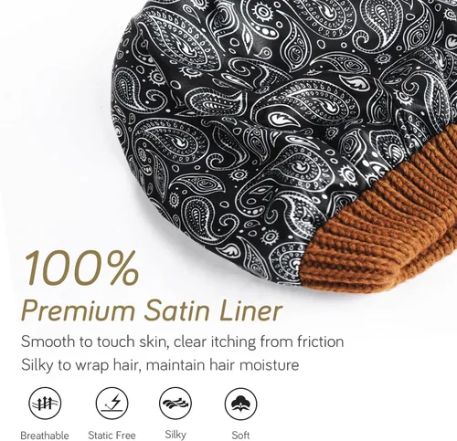 Vista 25 de FURTALK Gorro de invierno para mujer, con forro de satén, tejido trenzado, grueso, holgado, gorro cálido