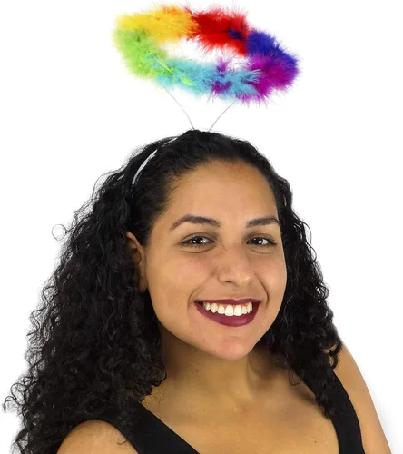 Vista 4 de ZUCKER Diadema con halo de ángel de hada de plumas - Accesorios de desfile de orgullo arcoíris de Halloween
