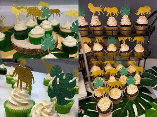 Vista 6 de ALISSAR Paquete de 40 adornos para cupcakes de animales de la selva con purpurina, temática de selva de safari, baby shower, fiesta, pasteles