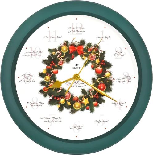 Vista 7 de JUSTIME Reloj de pared de 14 pulgadas dorado con melodía de corona de Navidad y 12 villancicos