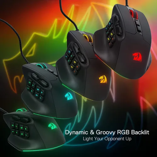 Vista 7 de Redragon M811 Aatrox - Ratón para juegos MMO, 15 botones programables con cable RGB con agarre natural ergonómico, 10 teclas macro laterales