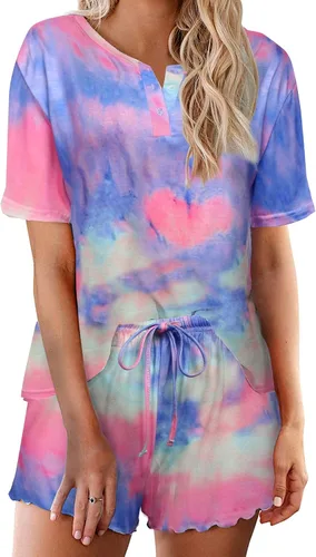 Vista 36 de Ekouaer Conjunto de pijamas teñidos con técnica tie dye para mujer, ropa de dormir, 2 piezas, conjuntos de pijamas, ropa de relajación A-tie Dye