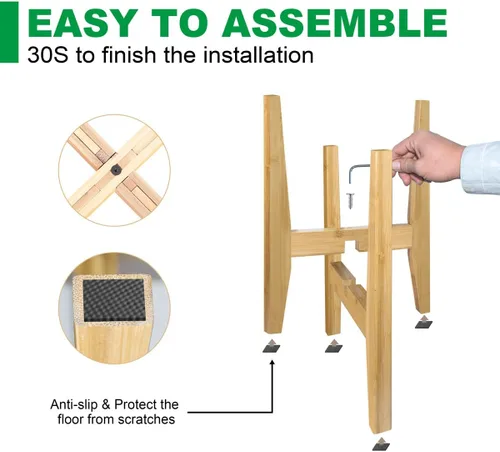 Vista 7 de OERGKE Soporte ajustable para plantas de interior, soportes de bambú modernos de mediados de siglo, soporte de flores de esquina para sala de estar