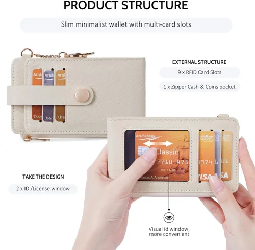 Vista 5 de POIUGOYA Billetera delgada para mujer, con bloqueo RFID, plegable, tarjetero con cremallera y bolsillo para monedas, ventana para identificación