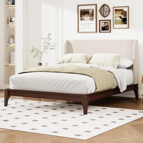 Vista 17 de Harper & Bright Designs Marco de cama de plataforma de bambú de tamaño matrimonial, cama de plataforma de madera de bajo perfil con cabecero, sin