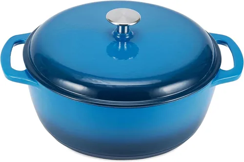 Vista 32 de Amazon Basics Olla de horno holandés de hierro fundido con tapa, esmaltada, redonda, doble asa, resistente, pequeña, 4.3 cuartos de galón, azul