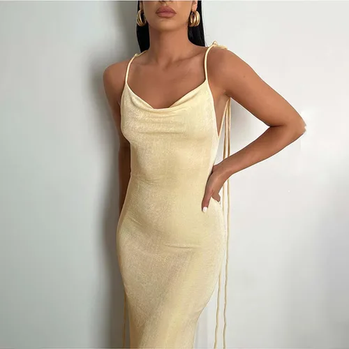 Vista 5 de FULA-bao Vestido sexy para mujer cuello halter espalda abierta ajustado con tirantes delgados hasta el suelo vestido de calle