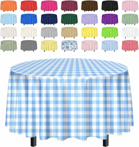 Vista 9 de SietDESEO Paquete de 2 manteles redondos de plástico de 84 x 84 pulgadas, impermeables, color negro, desechables para bodas, cumpleaños, baby Mantel