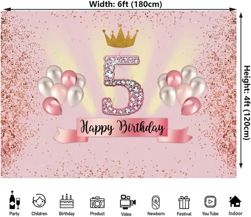 Vista 2 de Telón de fondo rosa de 6 x 4 pies para niñas, decoración de fiesta de cumpleaños de 5 años, pancarta para fotografía, baby shower, fondo de fotos