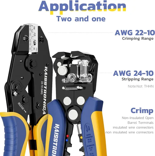 Vista 2 de haisstronica Pelacables y herramienta de prensado, herramienta de pelacables automático AWG 24-10 con crimpadora de cables de trinquete AWG 22-10