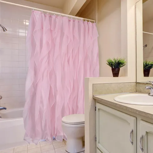 Vista 4 de Cortinas de ducha Reisen rosa con volantes para baño, cortina de ducha estilo granja, 72 x 72 pulgadas