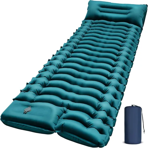 Vista 12 de FUN PAC Almohadilla de dormir para acampar con almohada Bomba de pie incorporada Esterilla de dormir inflable compacta para acampar mochilero Azul