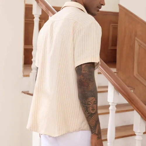 Vista 5 de Camisas casuales de lino con botones y manga corta a rayas para hombre