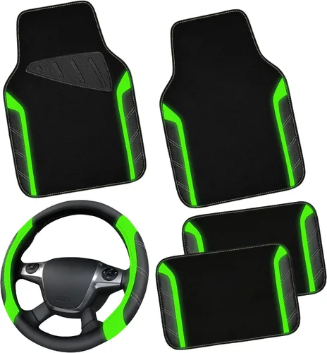 Vista 17 de CAR PASS Funda para volante de cuero y alfombrillas de coche impermeables, combo universal de microfibra para coche, diseño deportivo antideslizante