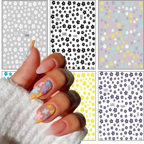 Vista 3 de 6 hojas de calcomanías de arte de uñas de flores de verano 3D, calcomanías autoadhesivas para uñas, diseño de arte blanco, amarillo, azul, negro