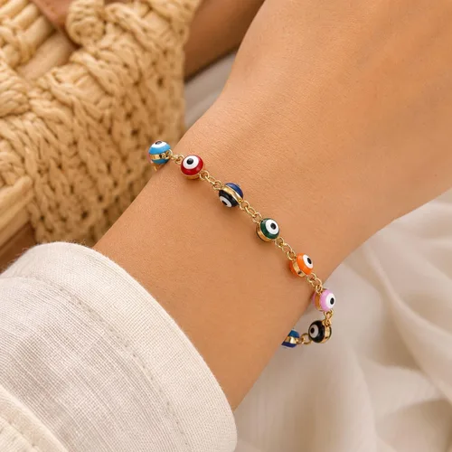 Vista 2 de choice of all Pulseras contra el mal de ojo azul, joyería Ojo Hamsa, delicadas pulseras de eslabones dorados para mujer, protección turca